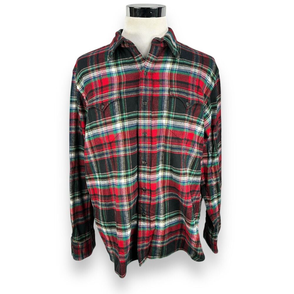 Polo Ralph Lauren Western Flannel Shirt Mens XXL Red Plaid Elbow Pads Pearl Snap